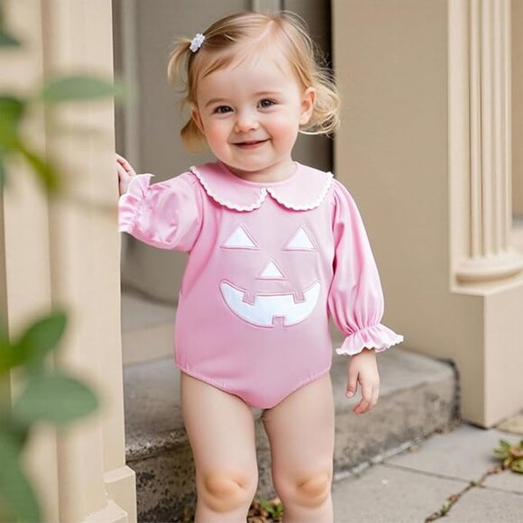 Newborn Baby Girl Halloween Outfit Pumpkin Bubble Onesie Romper Long Puff Sleeve - Picture 1 of 6
